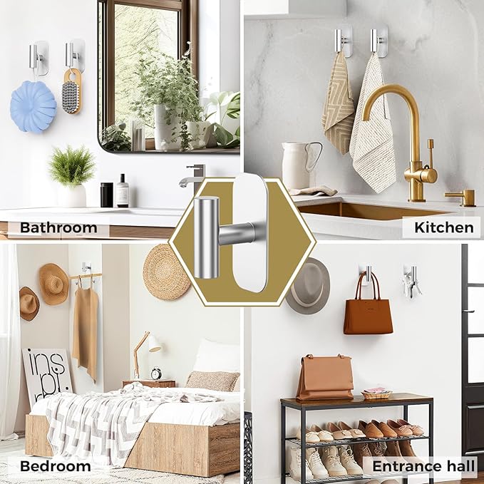 Adhesive Towel Hooks for Shower,Waterproof Heavy Duty Bathroom Hooks,Wall Mounted Sticky Hangers for Coats/Aprons/Robes,No Drilling(Silver,4 Pack)
