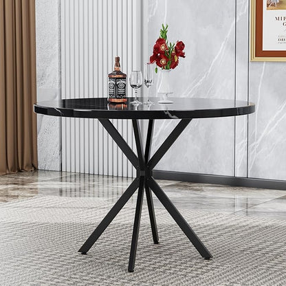 Round Dining Table, 39 Inch Modern Round Kitchen Table Black Dining with Black X Base, Kitchen Table Leisure Table for 4-5 People Small Space Dining Room, Apartment, Kitchen