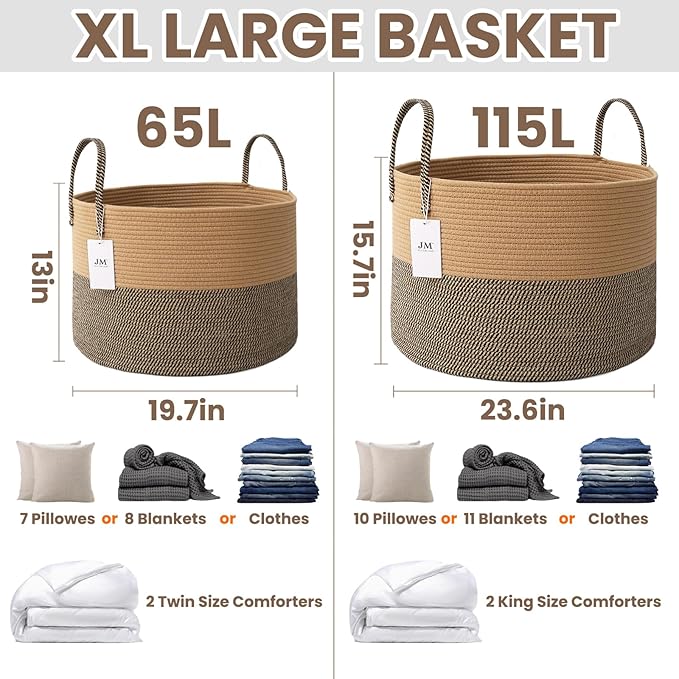 Woven Blanket Basket,65L Large Rope Storage Bin with Handles, Organizer for Blankets Toys Book and Clothes, Laundry Basket for Living Room Bedroom Nursery,Jute&Black