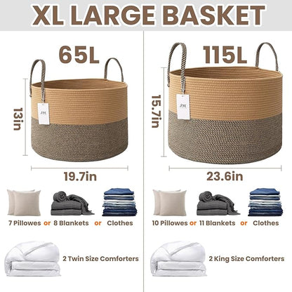 Woven Blanket Basket,65L Large Rope Storage Bin with Handles, Organizer for Blankets Toys Book and Clothes, Laundry Basket for Living Room Bedroom Nursery,Jute&Black