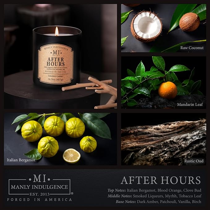 Manly Indulgence After Hours Scented Candles for Men, 16.5 oz Single Wick, Premium Soy Blend Wax, 60H Burn, Candles for Home Scented – Made in The USA