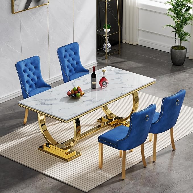 5 Piece Marble Dining Table Set for 4, Luxury White Marble Gold Kitchen Table with 4 Blue Velvet Upholstered Chairs, Modern 4 Person Dining Room Table Set for Kicken Dining Office Room