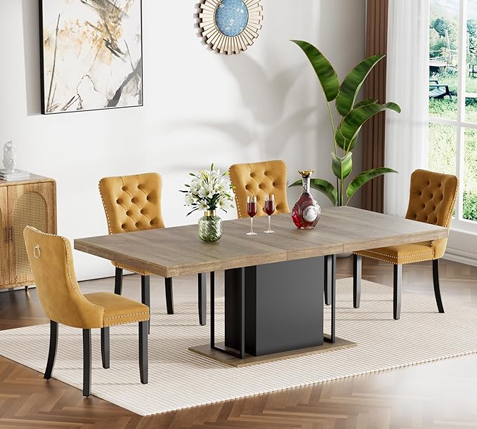 Goujxcy 78.7" Farmhouse Extendable Dining Room Table Set for 4, 5-Piece Rectangle Kitchen Dining Room Table Set with Wood Base and 4 Yellow Velvet Dining Chairs, Extending Kitchen & Dining Table Set