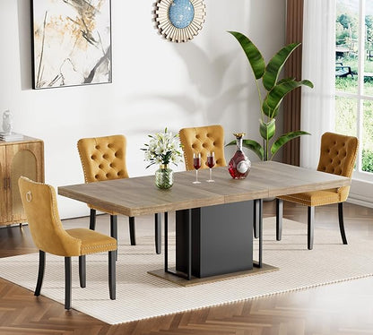 Goujxcy 78.7" Farmhouse Extendable Dining Room Table Set for 4, 5-Piece Rectangle Kitchen Dining Room Table Set with Wood Base and 4 Yellow Velvet Dining Chairs, Extending Kitchen & Dining Table Set