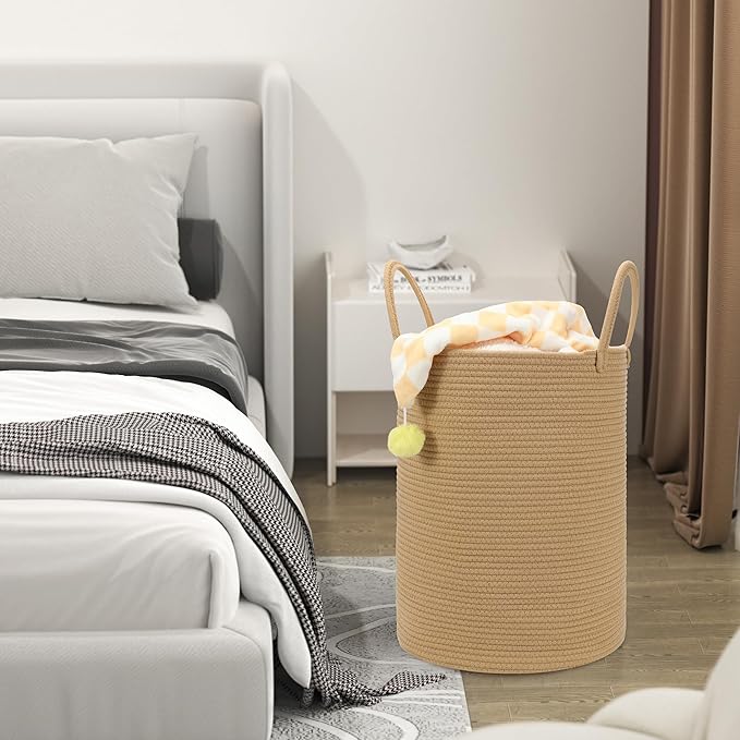 58L Cotton Rope Laundry Basket (20"x15"),Woven Basket for Storage Dirty Clothes Basket for Laundry, Living Room, Nursery, Bedroom Rope Storage Basket for Blankets（Brown）