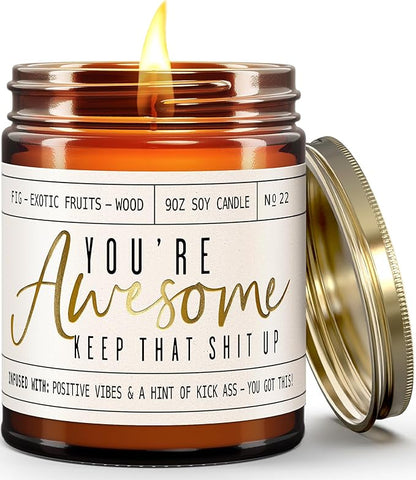Inspirational Gifts for Women, Thank you Gifts for Women -'You're Awesome' Candle Fig & Amber I Anniversary, Friendship, Graduation, Birthday Gift for Best Friend, Mom, Coworker, Girlfriend I USA Made