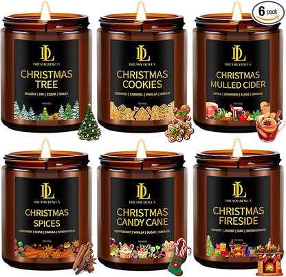 Christmas Candle Set, 6 Pack Holiday Scented Candle, Soy Candle for Home Scented, Christmas Holiday Candles Gift for Women Men, Scents of Christmas Tree/Cookies/Spices/Candy Cane/Mulled Cider/Fireside