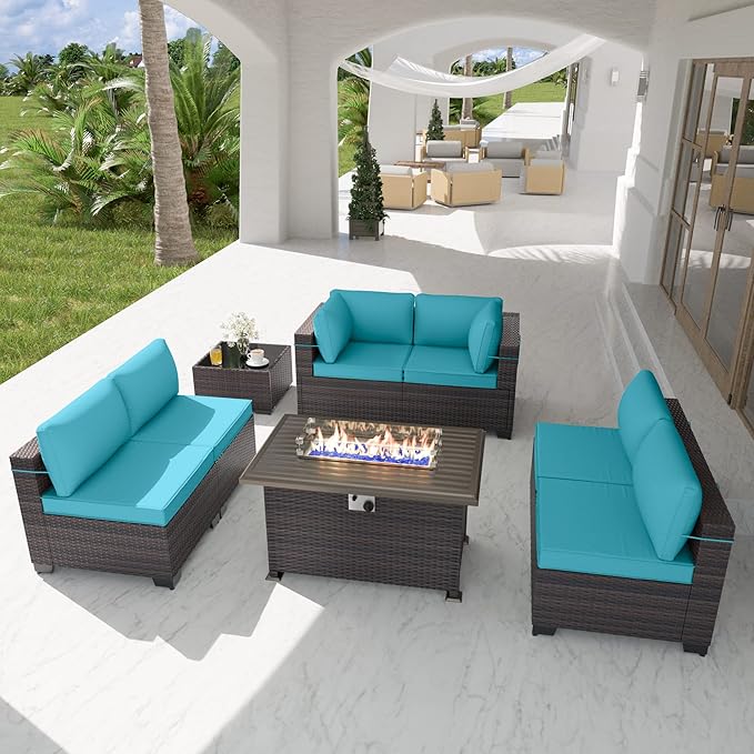 Kurapika 8 Pieces Patio Furniture Set, Rattan Wicker Outdoor Conversation Sets w/43in Propane Fire Pit Table and 4 Inch Cushion(Blue)