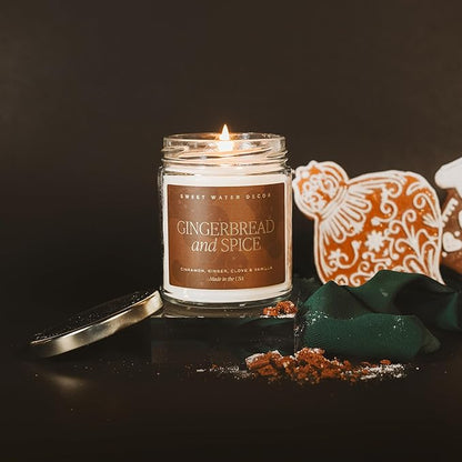 Sweet Water Decor Gingerbread and Spice Candle - Orange, Lemon, and Gingerbread Soy Christmas Candles - Gold Foil Pattern 9oz Clear Jar, 40 Hour Burn Time, Made in The USA