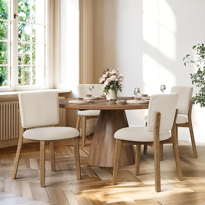 LUE BONA Wooden Dining Chairs Set of 2, Comfortable Wide Back Kitchen Side Chairs, Strong Thick Legs for Modern Farmhouse Dining Room, Linen Upholstered and Natural Wood Legs