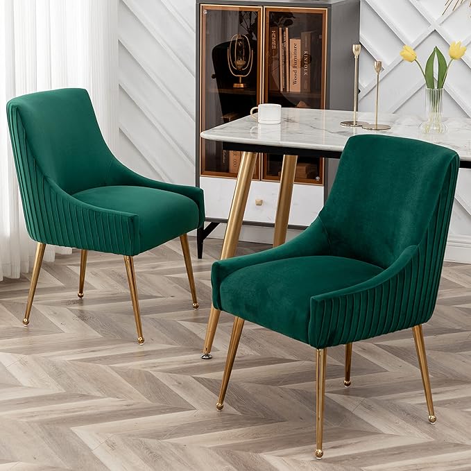 Dining Chairs, Accent Chairs Set of 2, Modern Upholstered Kitchen Dining Room Chairs with Gold Legs, Fabric Tufted Velvet Living Room Chairs for Reception Room Bedroom Guest Room (Deep Green)