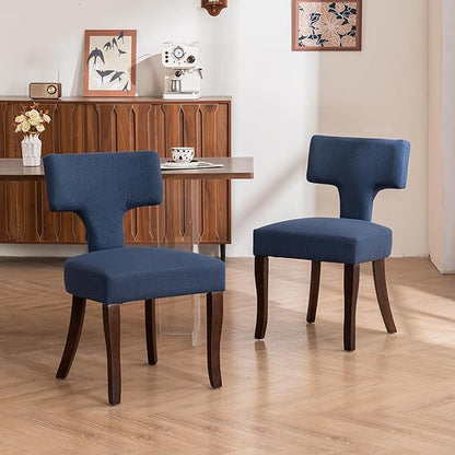 Mid Century Modern Dining Chairs Set of 2, Upholstered Side Dining Chairs with Curved Back Linen Fabric Armless Wood Chairs Kitchen & Dining Room Farmhouse Chairs (Blue)