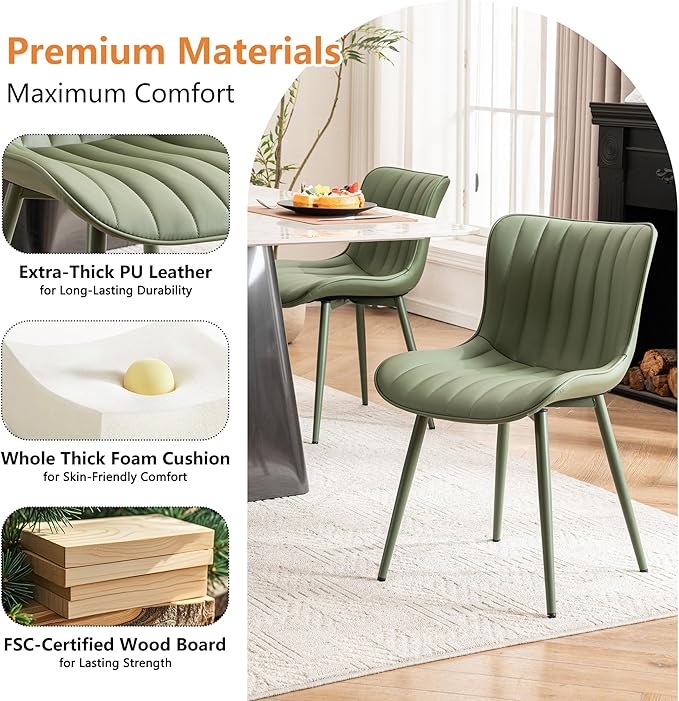 YOUNUOKE Mid-Century Modern Dining Chairs Set of 2, Green PU Leather Upholstered Kitchen Chairs with Green Metal Legs, Armless Accent Chair for Dining Room, Guest Reception Room
