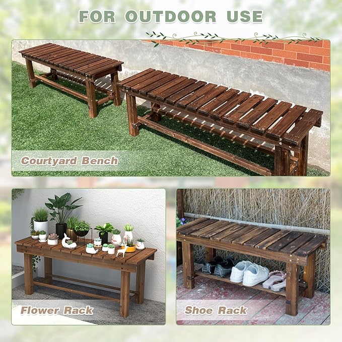 Outdoor Garden Bench, 3-Person Wood Patio Bench Weatherproof Outdoor Backless Bench, Anti-Corrosion and Anti-Rust Garden Benches for Garden Lawn Porch Park Backyard (Carbonized,47.25''/120cm)