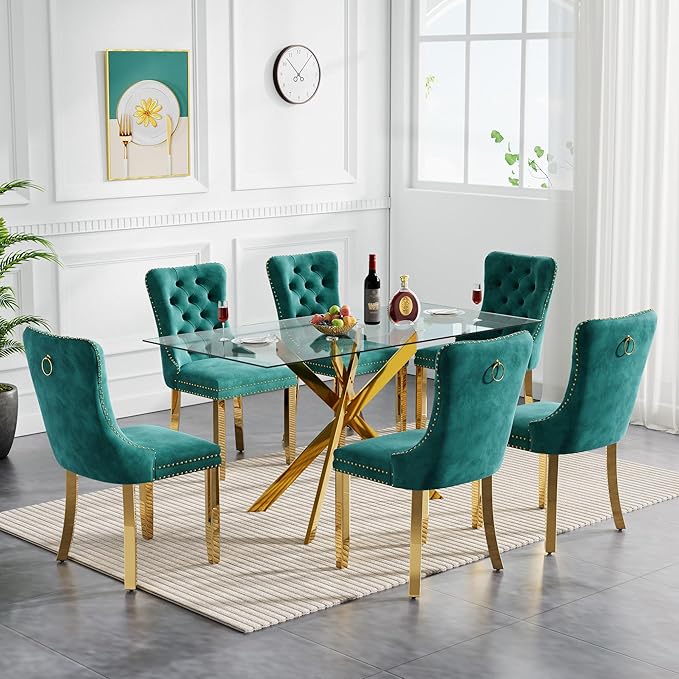 Goujxcy Glass Dining Table Set for 6, Modern Kitchen Table and Chairs Set of 6, 7-Piece Kitchen Dining Room Table Set w/61 Glass Gold Dining Table and 6 Green Velvet Upholstered Chairs