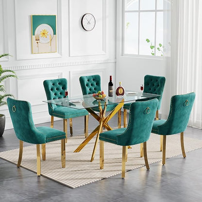 Goujxcy Glass Dining Table Set for 6, Modern Kitchen Table and Chairs Set of 6, 7-Piece Kitchen Dining Room Table Set w/61 Glass Gold Dining Table and 6 Green Velvet Upholstered Chairs
