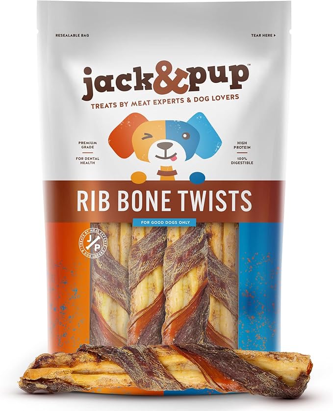 Jack&Pup Twist Beef Rib Bones for Dogs, 7" Beef Rib Bone Small Dog Bones for Puppies with Beef Jerky Twist for Flavor and Fun - Healthy Dog Bones Rib Small Dog Chew Bones (4 Count)