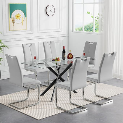 Modern Glass Dining Table Set for 6, Black Glass Kitchen Table and Chairs Set of 6, 7 Piece Dining Room Table Set with 61" Rectangular Metal Glass Dinner Table and 6 Grey Leather Dining Chairs