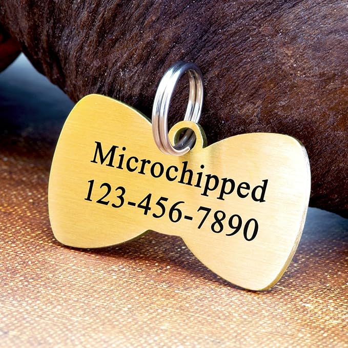 Ultra Joys Cat ID Tag Personalized Pet Tags, Durable Stainless Steel Small Pet Mini Dog Cat Tag Lightweight - Bowtie Tag in Gold