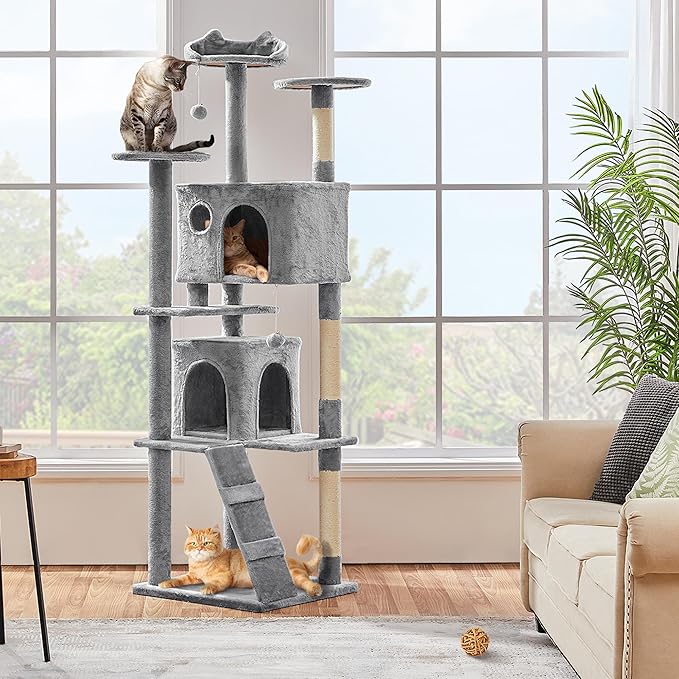 Yaheetech Tall Cat Tree, 80in Multi-Level Cat Tower with Scratching Posts, Double Caves, Perched Platforms and Dangling Balls, Pet Stand House for Kittens, Light Gray