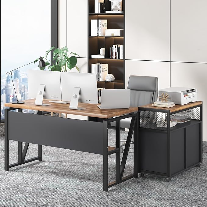 Tribesigns 55" Executive Desk with Reversible File Cabinet, Large L-Shaped Office Desk with Drawers, Business Furniture Workstation for Home Office (Dark Walnut, 55-inch)