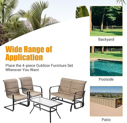 Tangkula 4 Pieces Outdoor Furniture Set, Patio Conversation Set with Coffee Table, 2-Person Swing Glider Loveseat and 2 Spring Motion Dining Chairs, Sectional Sofa Set with Cotton Padded (Brown)