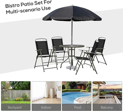 Outsunny 6 Piece Patio Dining Set for 4 with Umbrella, Outdoor Table and Chairs with 4 Folding Dining Chairs & Round Glass Table for Garden, Backyard and Poolside, Black