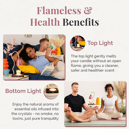 CRYSTALAX Candle Warmer Lamp with Rose Quartz Crystals – Luxury Flameless Candle Melting Lamp for Home Décor, Aromatherapy & Relaxation – Timer, Touch Sensor & 2 Bulbs Included with luxury gifting box