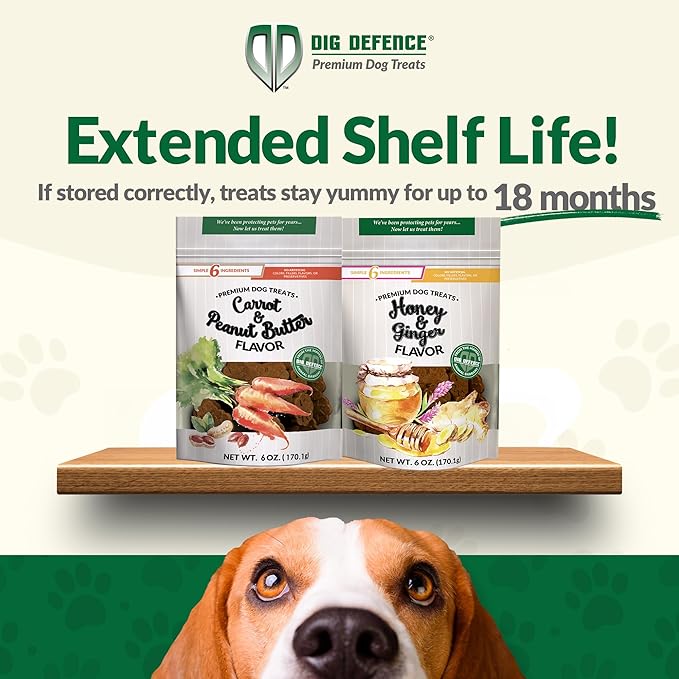 Dig Defence Premium Dog Treats - Honey/Ginger and Carrot/Peanut Butter, Natural Ingredients, Baked Gourmet Snacks for Small & Big Dogs, Healthy Training Treat, 2 Pack