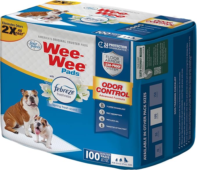 Four Paws Wee-Wee Odor Control with Febreze Freshness Pee Pads for Dogs & Puppies, Leak-Proof Dog Housebreaking Potty Training Floor Protection, Spring Fresh Scent, 22" x 23", 100 Count