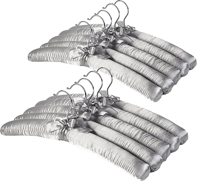 Grey Satin Padded Sweater Hangers 10 Pack, Blouse Hanger with Thick & Soft Foam for Bridal Wedding Dress Lingerie, Smooth Silk Covered Shirt Hanger Without Shoulder Bump