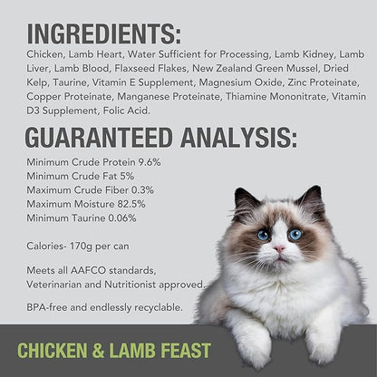 Feline Natural New Zealand Canned Catfood Wet Food, High-Meat, Low-Carb, & Grain Free Cat Food Wet, Chicken & Lamb Feast, 3 oz, Pack of 24