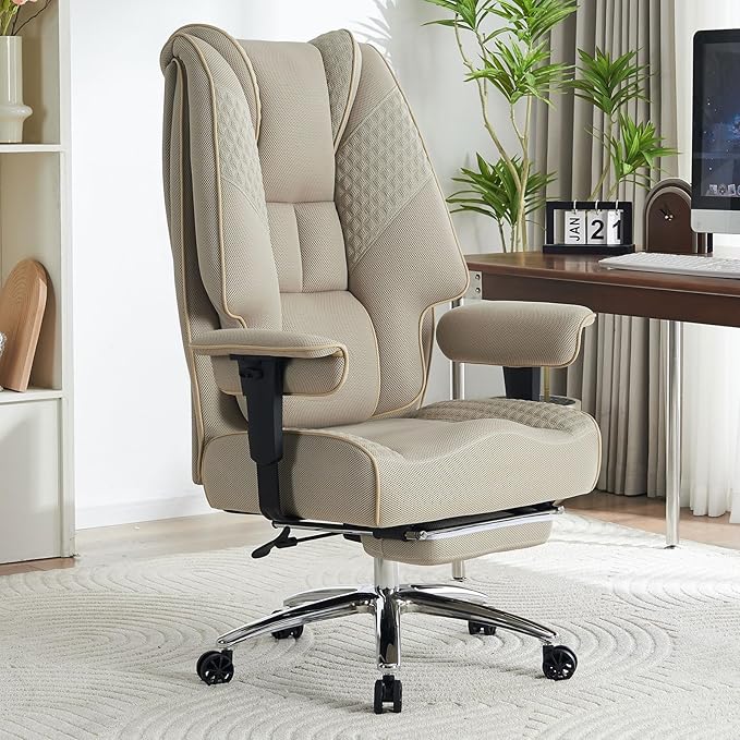 Big and Tall Office Chair 400lbs Wide Seat, Leather High Back Executive Office Chair with Lumbar Support, Ergonomic Chairs Padded Armrests & Thick Cushion (Mesh Beige)