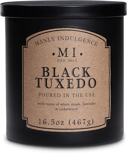 Manly Indulgence Black Tuxedo Jar Candle 16.5 oz - White Musk, Lavender, Cedarwood, Jasmine & Earthy Orris - Up to 60 Hour Burn - Soy Blend Wax, USA Poured
