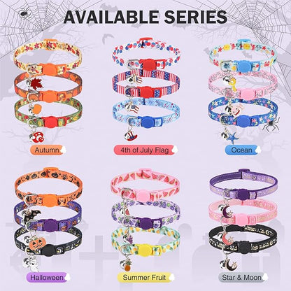 3 Pack Halloween Breakaway Cat Collars with Bell & Charm-Holiday Cat Collar for Girl Boy Cats with Safety Buckle- Cute Pumpkin Skull Kitten Collar Adjustable 8"-12" for Kitty Puppy Small Pets