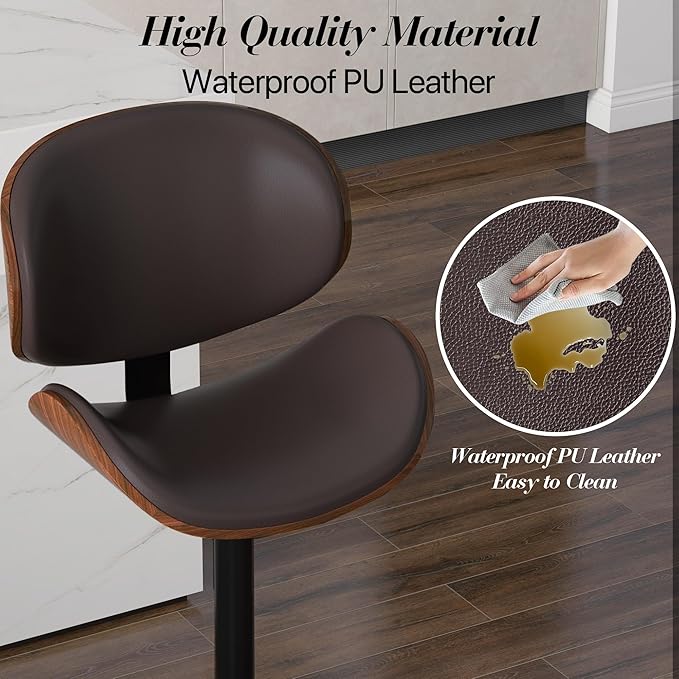 Adjustable Swivel Bar Stools Set of 4, Modern Bentwood Barstool with Large Metal Base and Footrest, PU Leather Upholstered Bar Chair with Curved Back for Kitchen Island Dining Room, Brown
