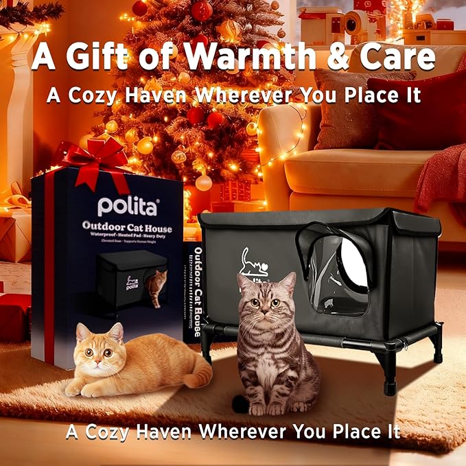 Rugged Heated Cat House for Outdoor Cats in Winter, Extremely Insulated & 100% Weatherproof, Elevated Feral Cat Shelter with Waterproof Eaves & Safe Escape Door for Stray & Barn Cats