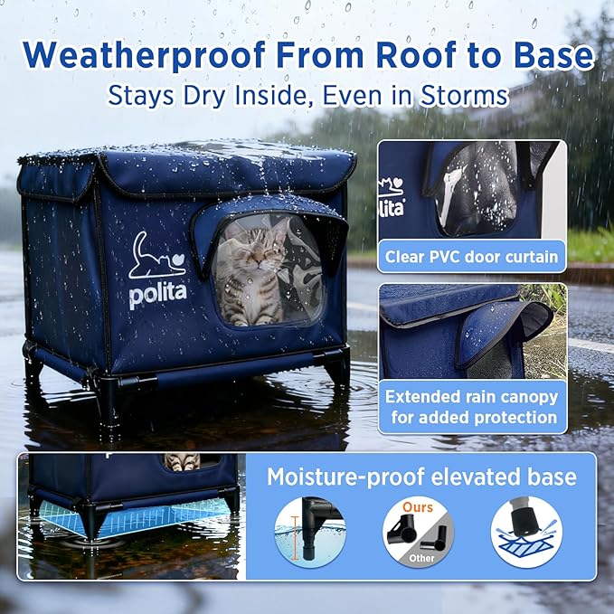 Rugged Heated Cat House for Outdoor Cats in Winter, Extremely Insulated & 100% Weatherproof, Elevated Feral Cat Shelter with Waterproof Eaves & Safe Escape Door for Stray & Barn Cats