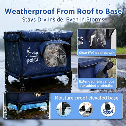 Rugged Heated Cat House for Outdoor Cats in Winter, Extremely Insulated & 100% Weatherproof, Elevated Feral Cat Shelter with Waterproof Eaves & Safe Escape Door for Stray & Barn Cats