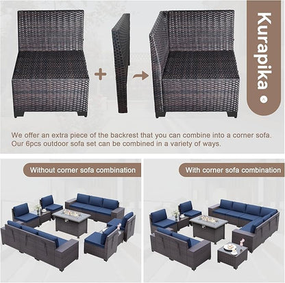 Kurapika 13 Pieces Patio Furniture Set, Rattan Wicker Outdoor Conversation Sets w/43in Propane Fire Pit Table(Navy Blue)