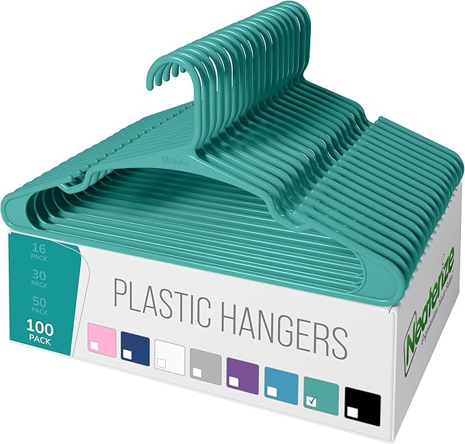 NEATERIZE Clothes Hangers Plastic 100 Pack for Adults - Plastic Hangers, The Perfect Coat Hanger and Space Saving Clothes Hangers for Closet, Percheros Ganchos para Colgar Ropa Hangars - Aqua Hangers