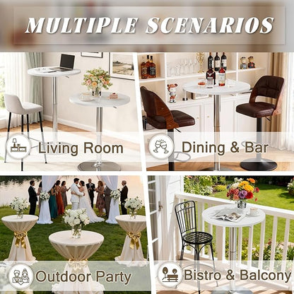 Shahoo Round Bar Table, Adjustable Height and 360° Swivel Bistro Pub Table, Cooktail Table for Bar, Bistro, Dining Room, White with Silver Base