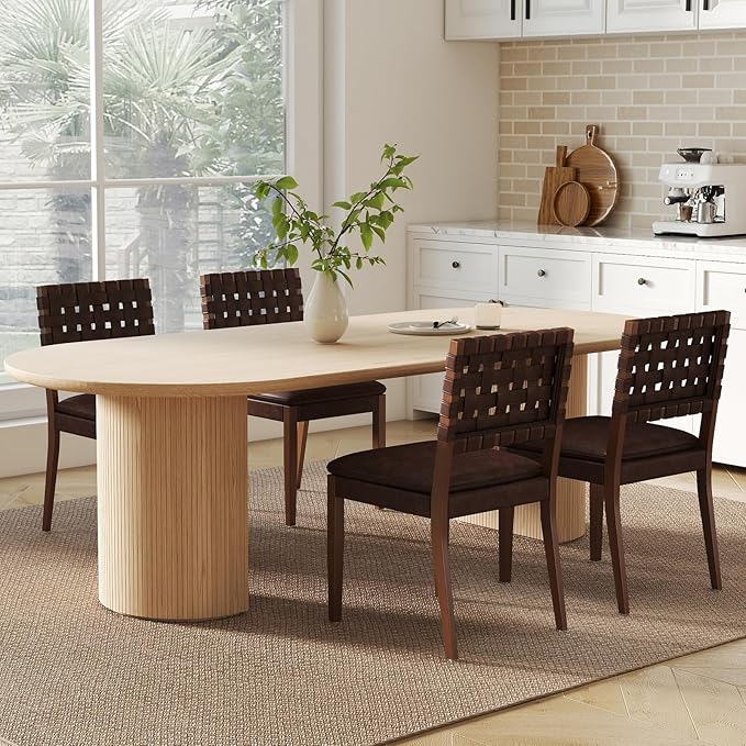 Woven Faux Leather Dining Chairs Set of 4, Farmhouse Upholstered Kitchen Chairs with Wooden Legs Armless Accent Side Chairs for Dining Room/Restaurant, Brown
