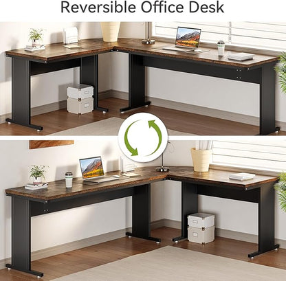 LITTLE TREE 83 Inch L-Shaped Office Desk with Drawers, Large Executive Office Desk with Storage, Wooden Computer Desk with File Cabinet, Modern Work Desk for Home Office, Brown