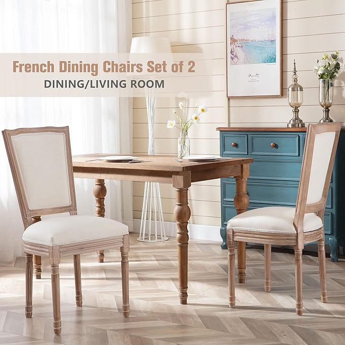 Nrizc Farmhouse Dining Room Chairs Set of 2, French Dining Chairs with Square Back, Brown Wood Legs, French Bistro Chairs for Dining Room/Living Room/Kitchen/Restaurant, Beige