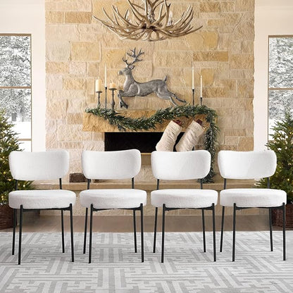 White Boucle Dining Chairs Set of 2, Upholstered Dinner Chair with Metal Frame, Dining Room Chairs with Padded Seat, Round Modern Seating for Living Room