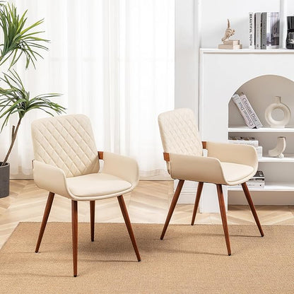 LUNLING Mid Century Modern Faux Leather Dining Room Chairs Set of 4 Upholstered Seat Metal Legs Chairs Cream White Faux Leather Kitchen Chair Reception Room Chair 4PCS