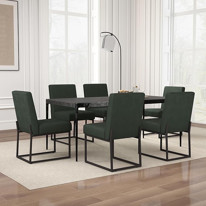 VKNOW Upholstered Dining Chairs Set of 6, Modern Dining Room Chairs, Linen Kitchen Chair Dinner Chair with Black Metal Base for Kitchen Office, Green-Unstriped