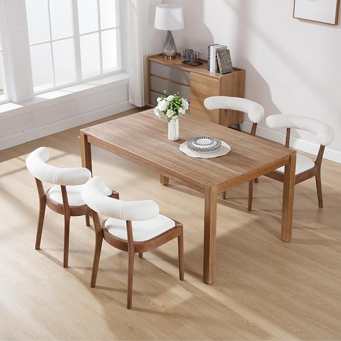 Kmax Dining Room Chairs Mid-Century Modern Sherpa Kitchen Chairs with Natural Walnut Finished Frame, Fur Curved Back, Set of 2, White