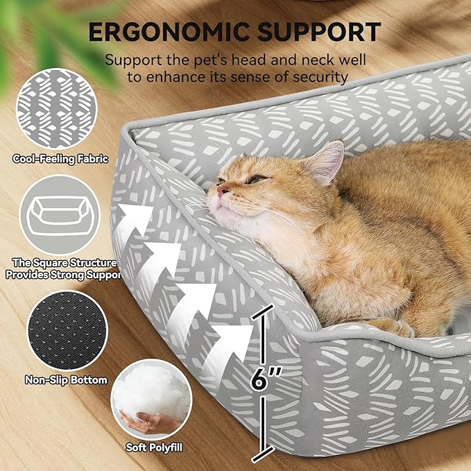 Rectangle Cat Dog Bed for Large Medium Small Pets Indoor Outdoor Machine Washable Sleeping Sofa Non-Slip Bottom Soft Puppy Bed Durable Orthopedic Calming Pet Cuddler (Small, Grey Pattern)